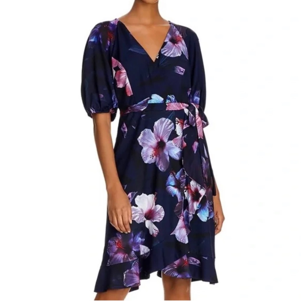 Adrianna Papell purple flowered short sleeve faux wrap dress